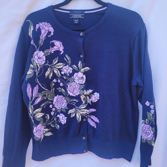 Lands' End Sweaters - Lands' End Women's Blue Cardigan with Pink Floral Design